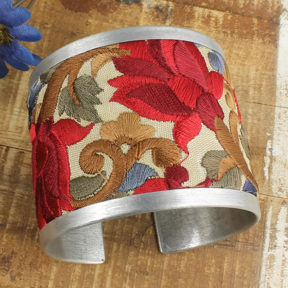 B1249 | Red Flower Embroidered Elegance Cuff Bracelet